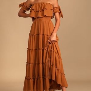 Lulu’s Chance for Us brown off the shoulder maxi dress